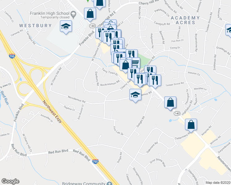 map of restaurants, bars, coffee shops, grocery stores, and more near 111 Cherry Valley Road in Reisterstown