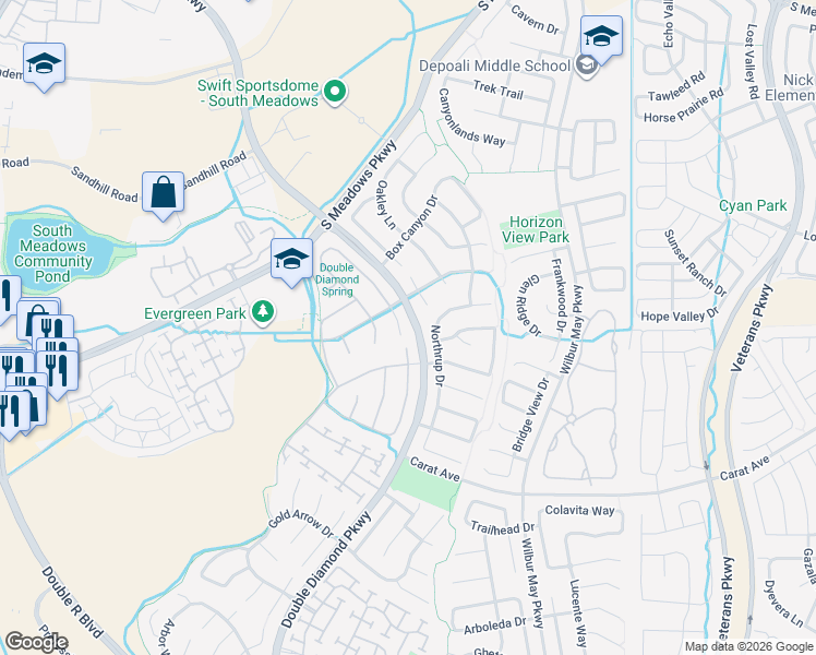 map of restaurants, bars, coffee shops, grocery stores, and more near 9741 South Legacy Court in Reno