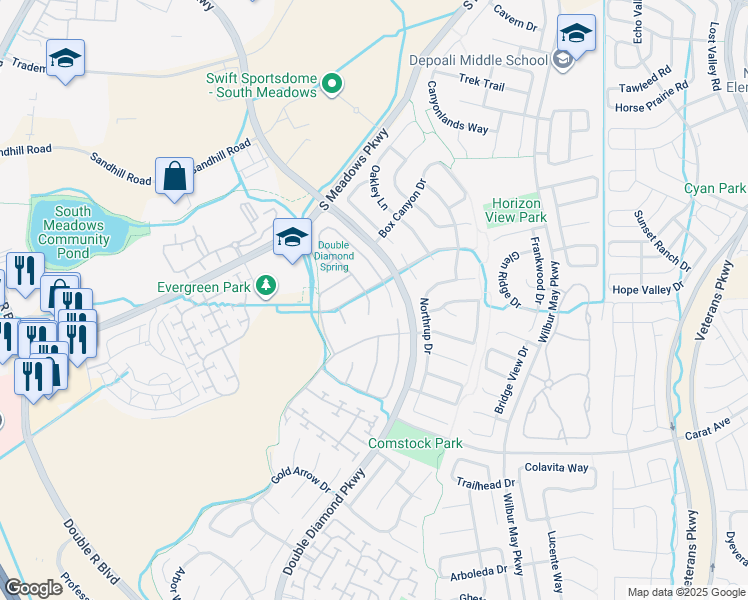 map of restaurants, bars, coffee shops, grocery stores, and more near 9720 Rolling Rock Court in Reno