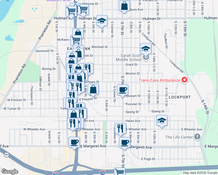 map of restaurants, bars, coffee shops, grocery stores, and more near 600 East Voorhees Street in Terre Haute