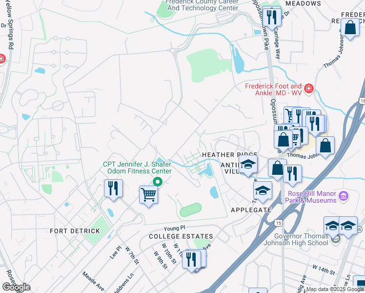 map of restaurants, bars, coffee shops, grocery stores, and more near 1542 Porter Street in Frederick