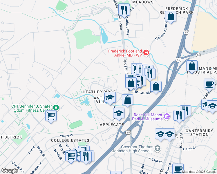 map of restaurants, bars, coffee shops, grocery stores, and more near 730J Heather Ridge Drive in Frederick