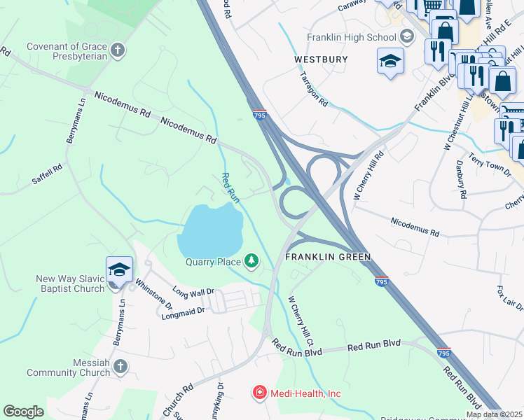 map of restaurants, bars, coffee shops, grocery stores, and more near 624 Quarry Place Court in Reisterstown