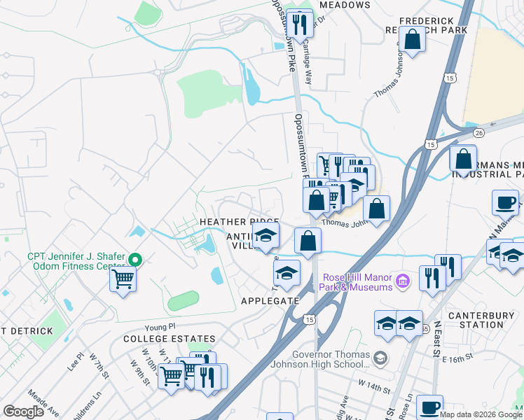 map of restaurants, bars, coffee shops, grocery stores, and more near 730 Heather Ridge Drive in Frederick