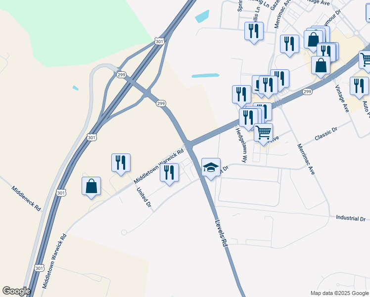 map of restaurants, bars, coffee shops, grocery stores, and more near Middletown Warwick Road in Middletown
