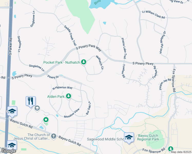 map of restaurants, bars, coffee shops, grocery stores, and more near 7614 Nuthatch Circle in Parker