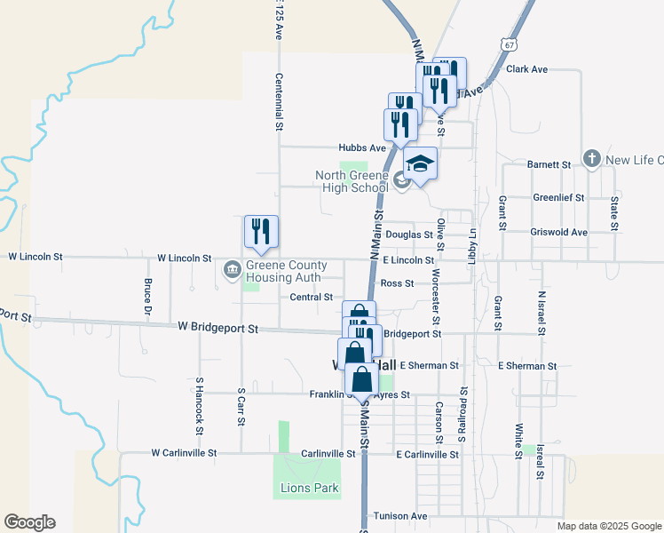 map of restaurants, bars, coffee shops, grocery stores, and more near 202 West Lincoln Street in White Hall