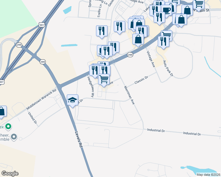 map of restaurants, bars, coffee shops, grocery stores, and more near 500 Westown Way in Middletown