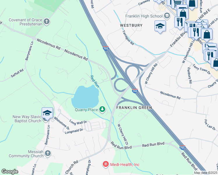 map of restaurants, bars, coffee shops, grocery stores, and more near 606 Quarry Place Court in Reisterstown