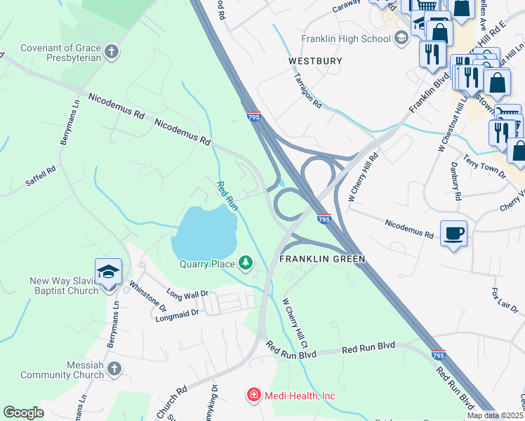 map of restaurants, bars, coffee shops, grocery stores, and more near 606 Quarry Place Court in Reisterstown