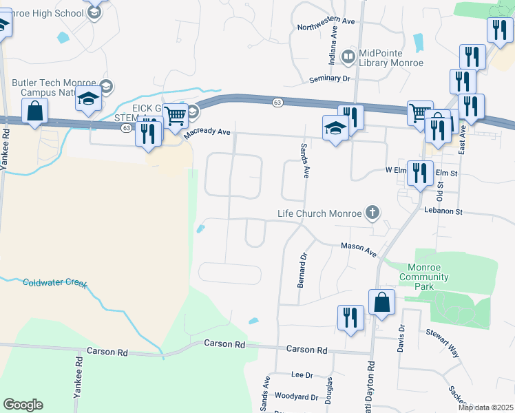 map of restaurants, bars, coffee shops, grocery stores, and more near 854 Willowbrook Drive in Monroe