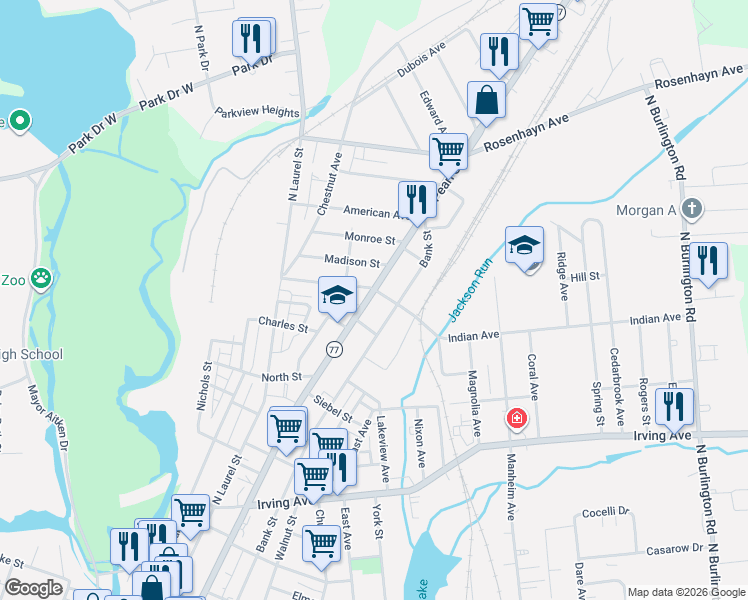 map of restaurants, bars, coffee shops, grocery stores, and more near 445 North Pearl Street in Bridgeton