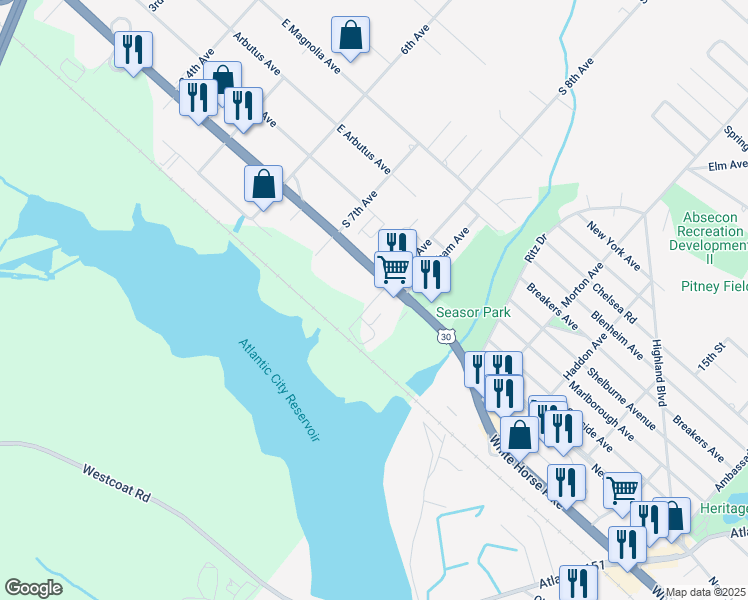 map of restaurants, bars, coffee shops, grocery stores, and more near 8th Avenue in Galloway