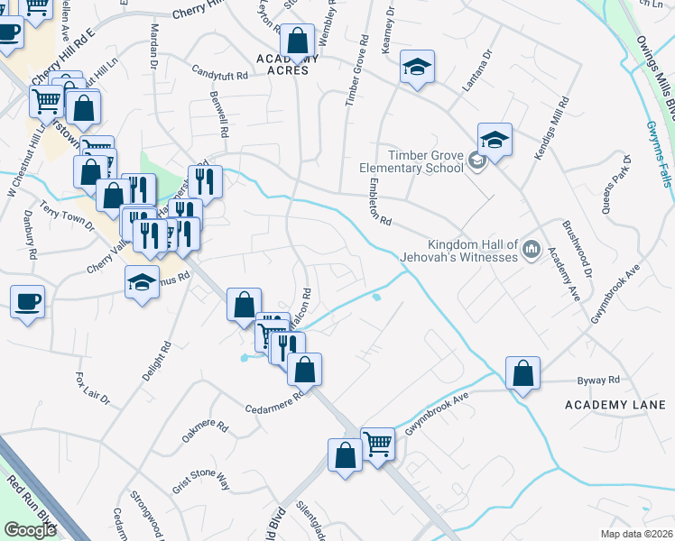 map of restaurants, bars, coffee shops, grocery stores, and more near 1 Meridian Lane in Owings Mills