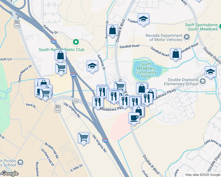 map of restaurants, bars, coffee shops, grocery stores, and more near 9790 Gateway Drive in Reno