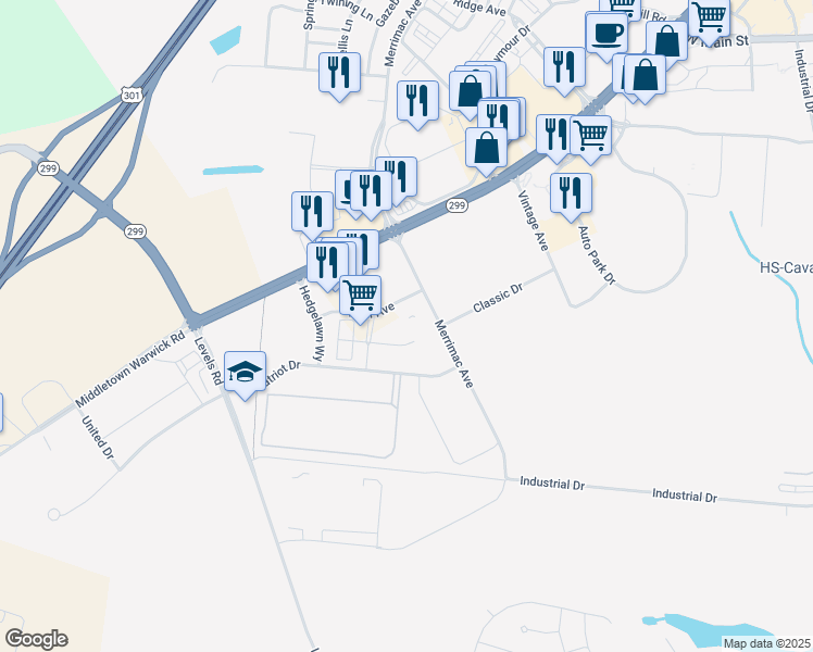 map of restaurants, bars, coffee shops, grocery stores, and more near 521 Merrimac Avenue in Middletown