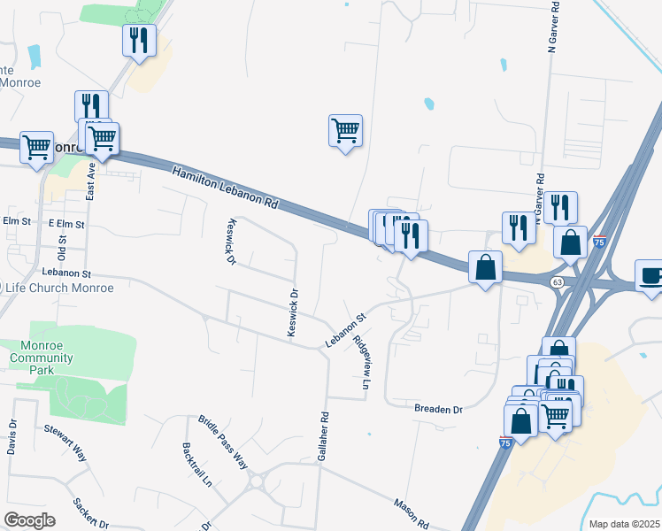 map of restaurants, bars, coffee shops, grocery stores, and more near 191 Wyndcrest Court in Monroe