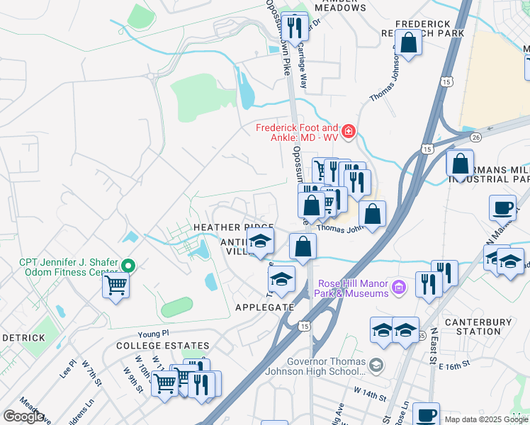 map of restaurants, bars, coffee shops, grocery stores, and more near 1000 Heather Ridge Drive in Frederick