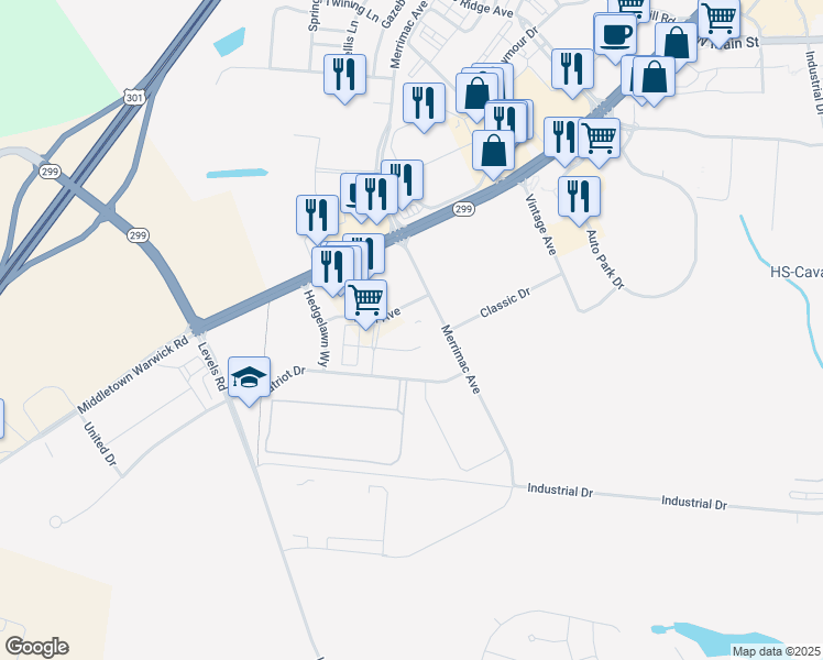 map of restaurants, bars, coffee shops, grocery stores, and more near 521 Merrimac Avenue in Middletown
