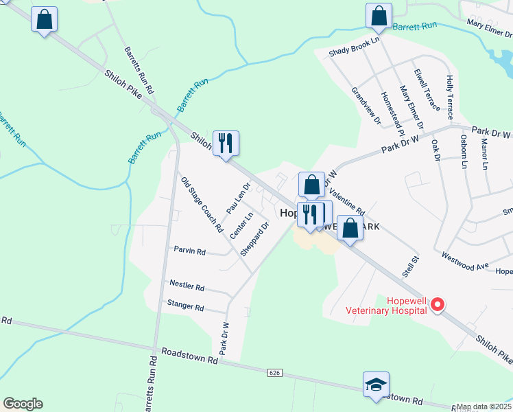 map of restaurants, bars, coffee shops, grocery stores, and more near 7 Tipton Drive in Bridgeton
