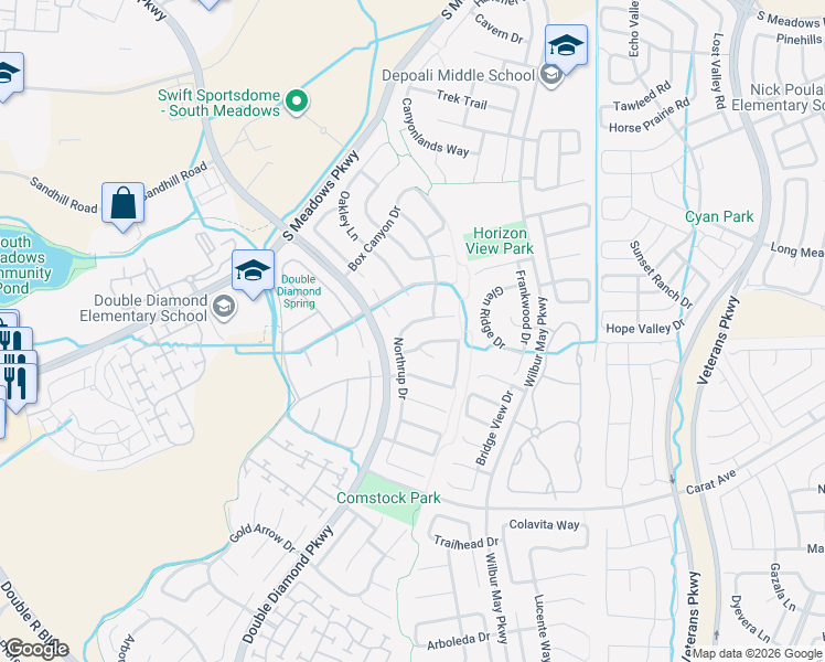 map of restaurants, bars, coffee shops, grocery stores, and more near 9631 Northrup Drive in Reno
