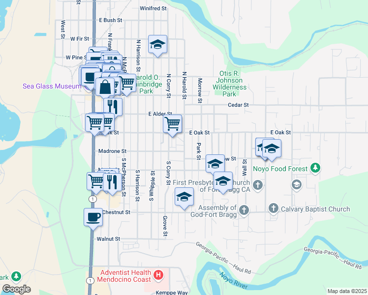 map of restaurants, bars, coffee shops, grocery stores, and more near 113 South Harold Street in Fort Bragg