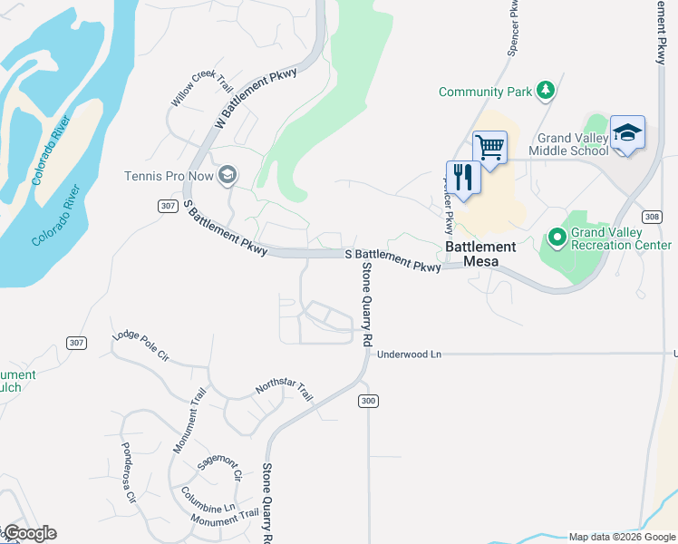 map of restaurants, bars, coffee shops, grocery stores, and more near 1231 South Battlement Parkway in Battlement Mesa