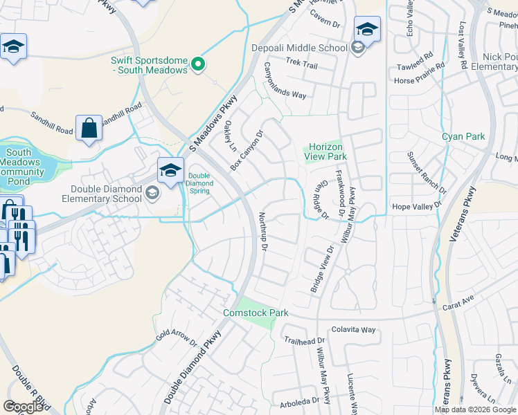 map of restaurants, bars, coffee shops, grocery stores, and more near 9741 South Legacy Court in Reno