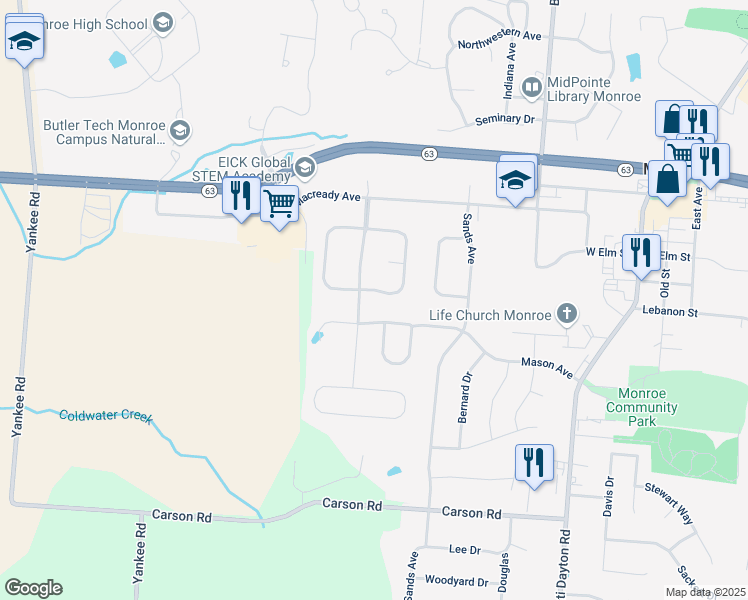 map of restaurants, bars, coffee shops, grocery stores, and more near 864 Willowbrook Drive in Monroe