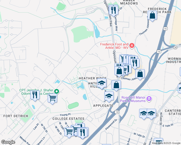 map of restaurants, bars, coffee shops, grocery stores, and more near 731 Heather Ridge Drive in Frederick