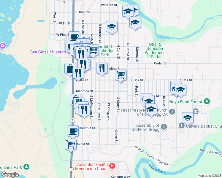 map of restaurants, bars, coffee shops, grocery stores, and more near 140 South Whipple Street in Fort Bragg