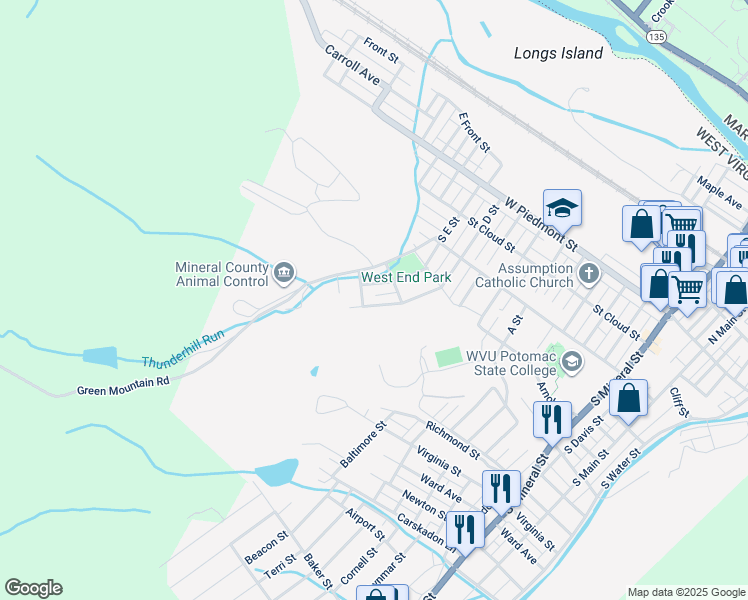 map of restaurants, bars, coffee shops, grocery stores, and more near 326 D Street in Keyser