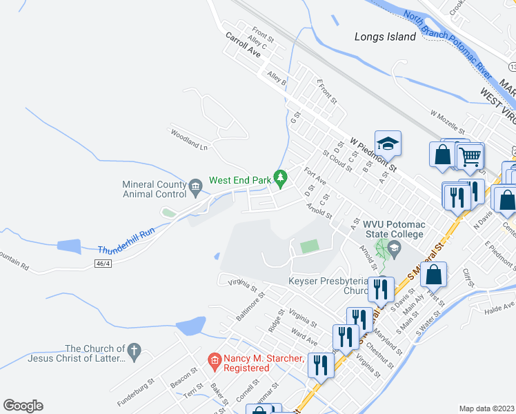 map of restaurants, bars, coffee shops, grocery stores, and more near 326 D Street in Keyser