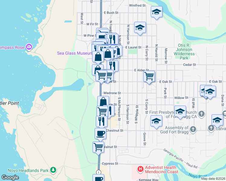 map of restaurants, bars, coffee shops, grocery stores, and more near 150 South Franklin Street in Fort Bragg