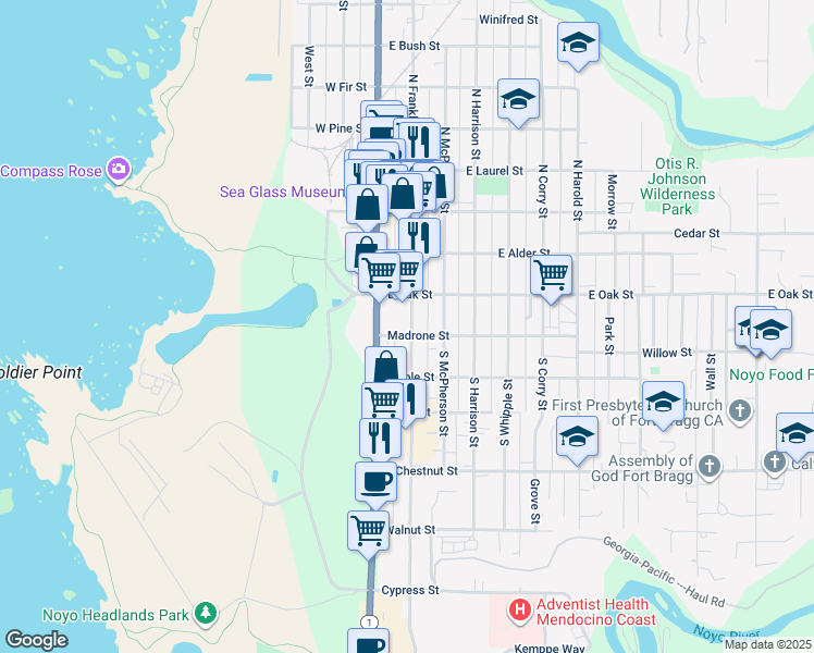 map of restaurants, bars, coffee shops, grocery stores, and more near 135 South Franklin Street in Fort Bragg