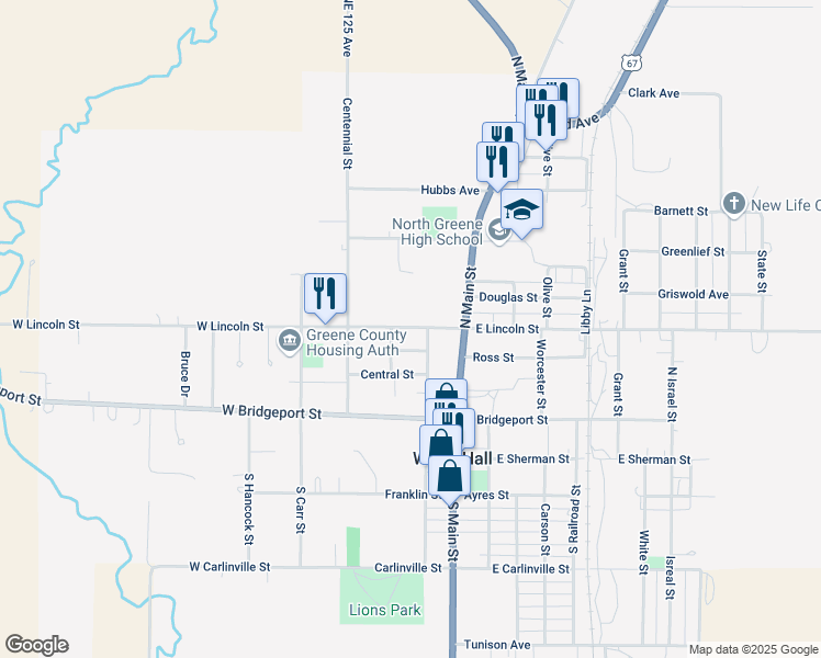 map of restaurants, bars, coffee shops, grocery stores, and more near 202 West Lincoln Street in White Hall
