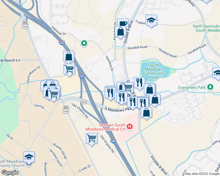 map of restaurants, bars, coffee shops, grocery stores, and more near 9795 Gateway Drive in Reno