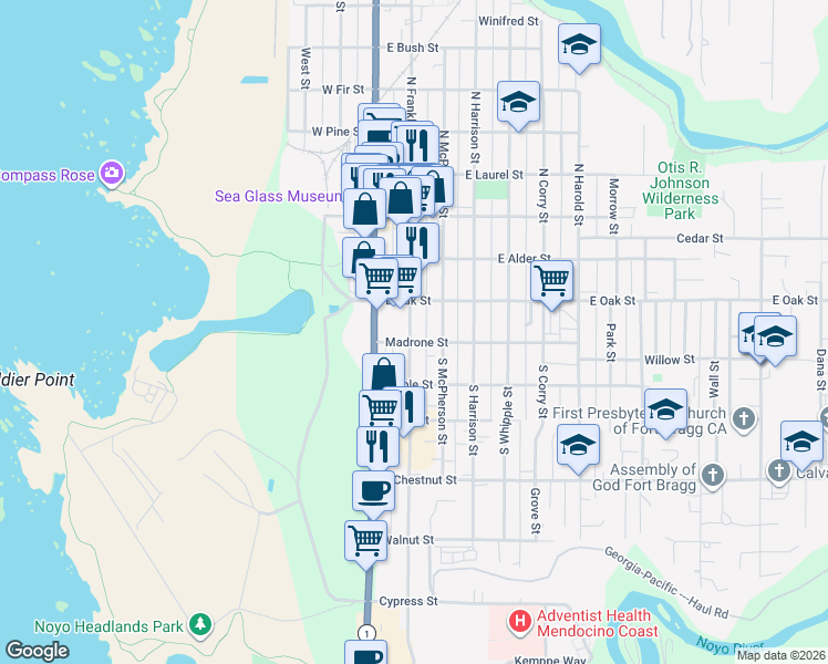 map of restaurants, bars, coffee shops, grocery stores, and more near 150 South Franklin Street in Fort Bragg