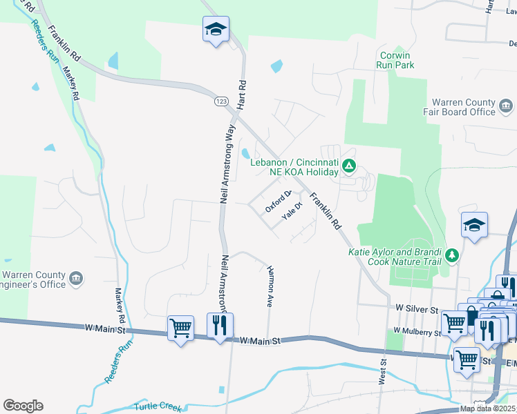 map of restaurants, bars, coffee shops, grocery stores, and more near 470 Georgetown Drive in Lebanon