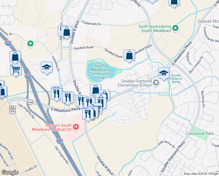 map of restaurants, bars, coffee shops, grocery stores, and more near 1001 South Meadows Parkway in Reno