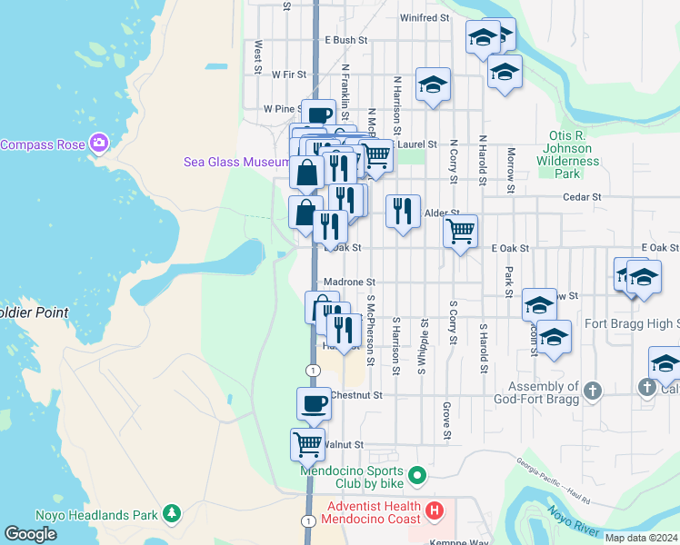 map of restaurants, bars, coffee shops, grocery stores, and more near 135 South Franklin Street in Fort Bragg