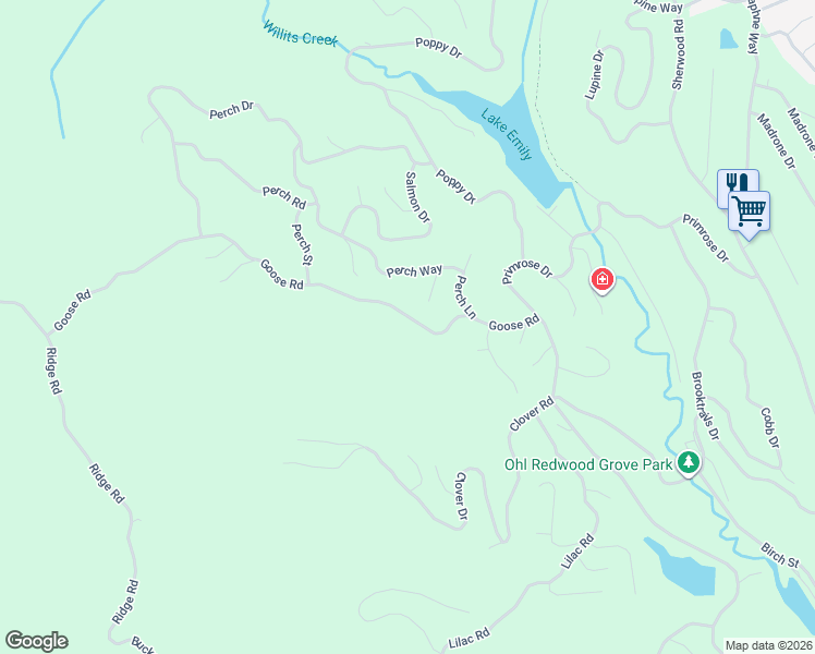 map of restaurants, bars, coffee shops, grocery stores, and more near 2079 Goose Road in Willits