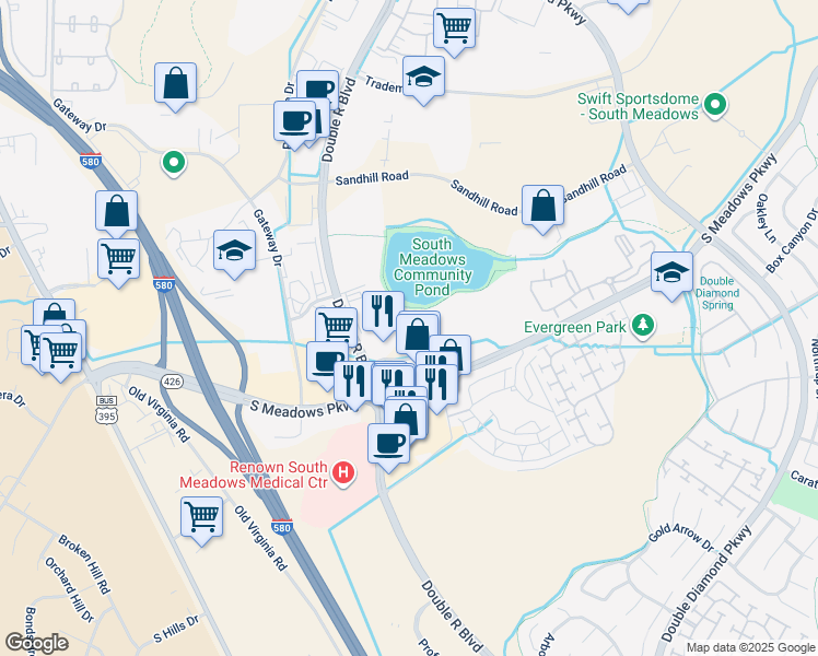 map of restaurants, bars, coffee shops, grocery stores, and more near 765 South Meadows Parkway in Reno