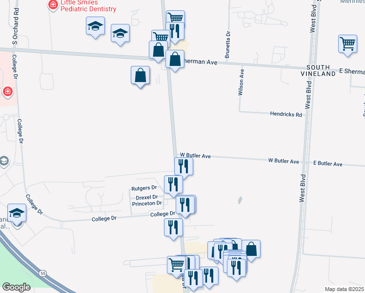 map of restaurants, bars, coffee shops, grocery stores, and more near 3181 South Delsea Drive in Vineland