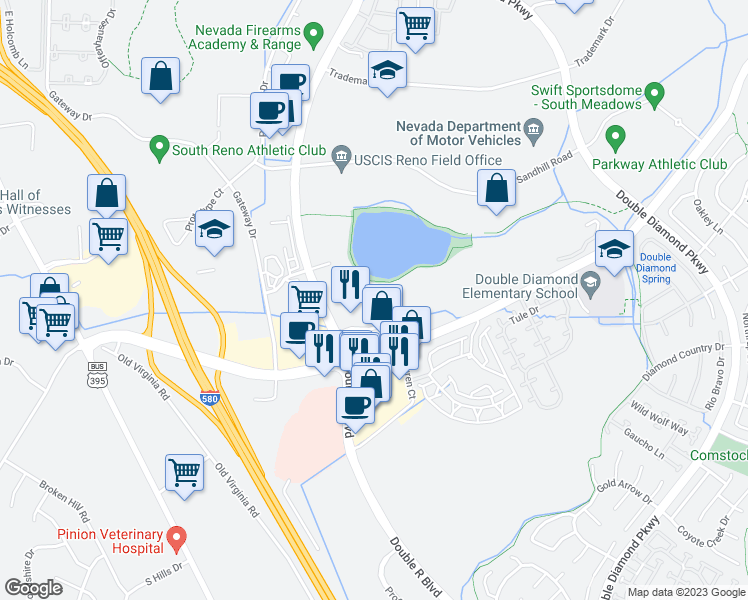 map of restaurants, bars, coffee shops, grocery stores, and more near 765 South Meadows Parkway in Reno