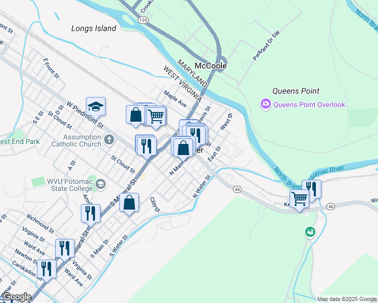 map of restaurants, bars, coffee shops, grocery stores, and more near 129 North Main Street in Keyser