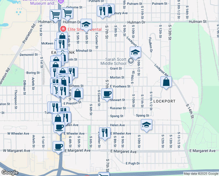 map of restaurants, bars, coffee shops, grocery stores, and more near 2400 South 7th Street in Terre Haute