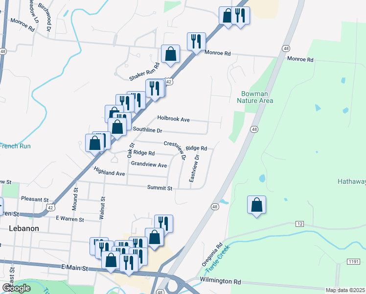 map of restaurants, bars, coffee shops, grocery stores, and more near 702 Ridge Road in Lebanon