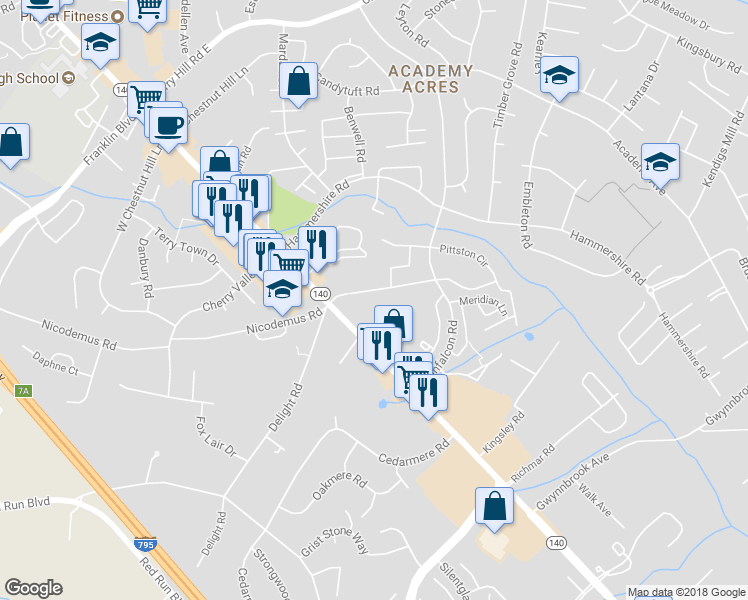 map of restaurants, bars, coffee shops, grocery stores, and more near 19 Timber Grove Road in Owings Mills
