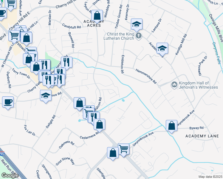 map of restaurants, bars, coffee shops, grocery stores, and more near 2 Meridian Lane in Owings Mills